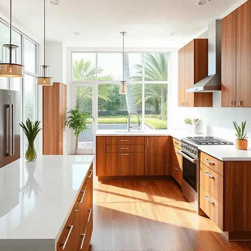 Renovated kitchen in Coral Springs with quartz countertops, wooden cabinets, stainless steel appliances, and hardwood floors