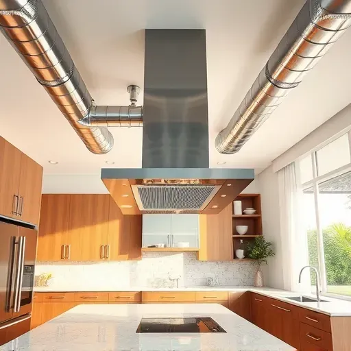 Modern kitchen with stainless steel range hoods and seamless ductwork in a bright, stylish Coral Springs home