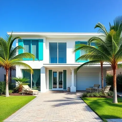 Modern home remodel in Riviera Beach, FL with coastal white facade, teal shutters, and lush landscaping.