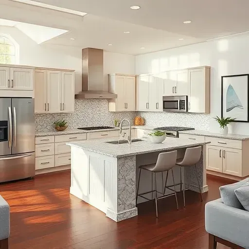 Modern kitchen remodel in Weston, FL with sleek appliances, granite countertops, and elegant cabinetry under natural light.