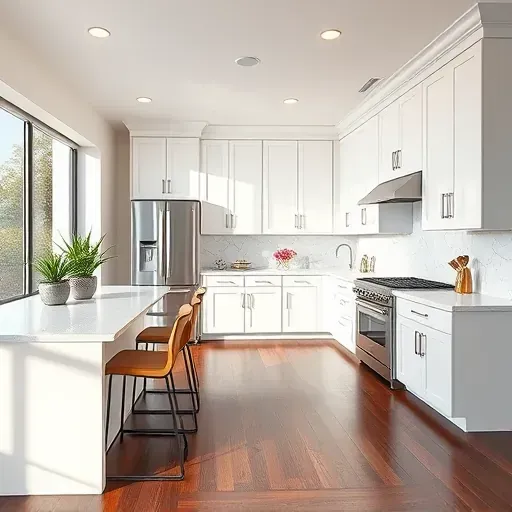 Modern kitchen remodeling in Plantation FL with quartz countertops, marble backsplash, and custom cabinetry.