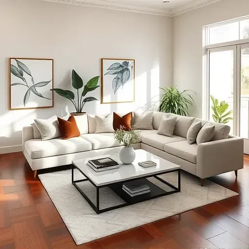 Elegant living room in Coral Gables, featuring modern classic design, warm wood flooring, and plush furnishings.
