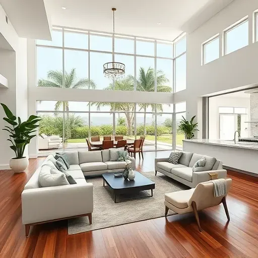 Luxurious remodeled living space in Palm Beach County with elegant design, high ceilings, and bright natural light.
