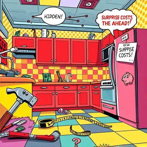 A colorful PopArt-style illustration depicting the hidden costs of kitchen remodeling. The scene shows a whimsical, exaggerated kitchen tearing apart with oversized tiles, bold outlines, and vibrant contrasting colors like red, yellow, and blue. In the foreground, cartoonish tools—such as a humorous, eye-eyed hammer, a mischievous-looking wrench, and a stretching tape measure—suggest chaos behind the scenes. Hidden dollar signs and price tags peek from behind cabinets, some floating or partially concealed to symbolize unexpected expenses. Transparent speech and thought bubbles contain icons like stacks of cash, bills, and question marks, emphasizing surprise costs. The background features a lively kitchen with stylized countertops, exaggerated appliances, and bold patterned walls, all rendered in flat, high-contrast PopArt tones. Playful details include a tiny piggy bank peeking from a drawer and a humorous cabinet sign reading “Surprise Costs Ahead!” with comic-style action lines, creating an engaging, ironic visuals about the unforeseen pitfalls of kitchen remodeling.