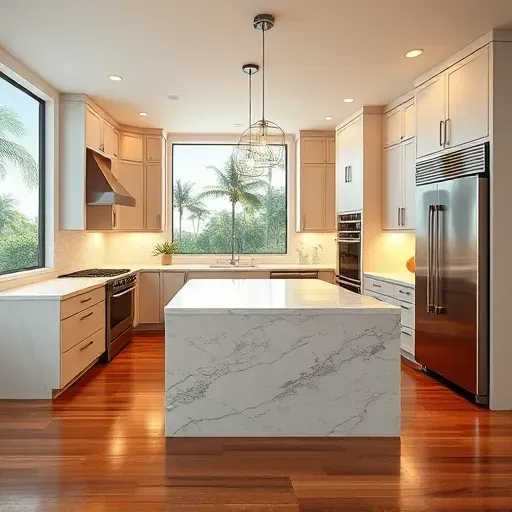 Luxurious kitchen remodel in Aventura FL featuring stainless steel appliances, marble countertops, and elegant custom cabinetry.