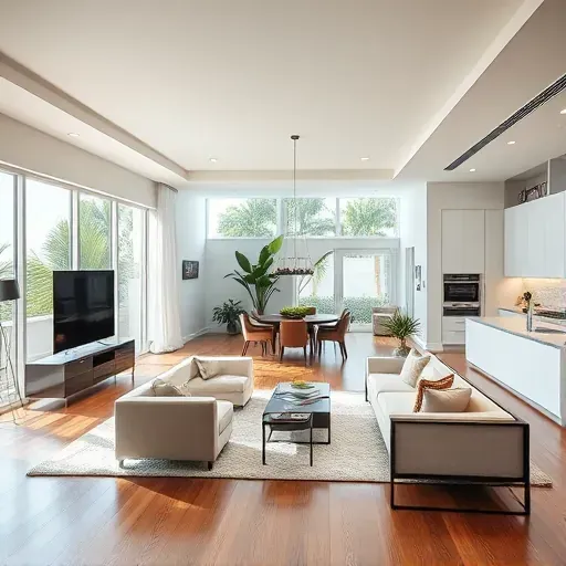 Remodeled living room in Key Biscayne FL with elegant decor, high ceilings, large windows, and tropical views.