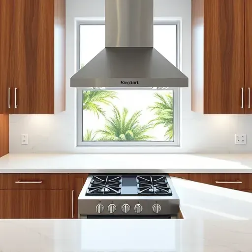 Modern Coral Springs kitchen with stainless steel range hood, black gas stove, white marble countertops, wooden cabinets and sunny window