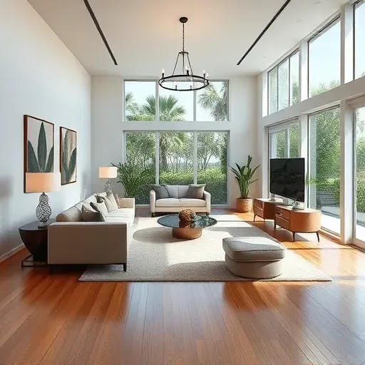 Modern Coral Gables living room remodel with large windows, elegant decor, wooden floors, and illuminating chandelier.