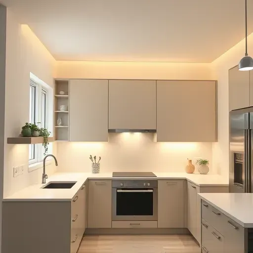 Modern kitchen with sleek matte cabinets lit by warm LED under-cabinet lights, showcasing clean surfaces and organized space