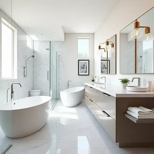 Beautiful renovated bathroom in Coral Springs FL with modern fixtures, marble tiles, walk-in shower, freestanding tub, and natural light