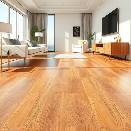 Close-up of polished hardwood flooring with rich warm tones in a modern, well-lit living room with sleek furniture and neutral walls