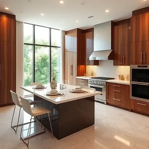 Modern kitchen remodel in Margate FL with walnut cabinets, marble countertop, stainless steel appliances, and warm lighting.