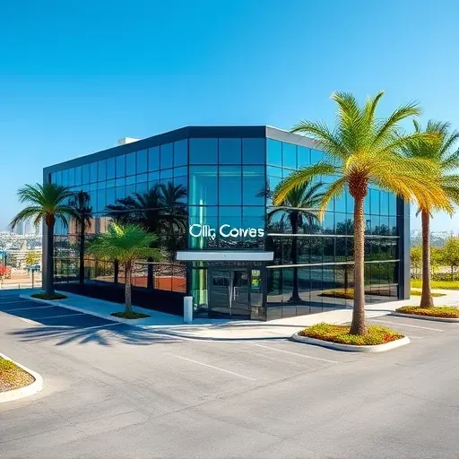 Modern commercial building in Coral Springs FL with glass facades, landscaped greenery, parking lot, and clear blue sky