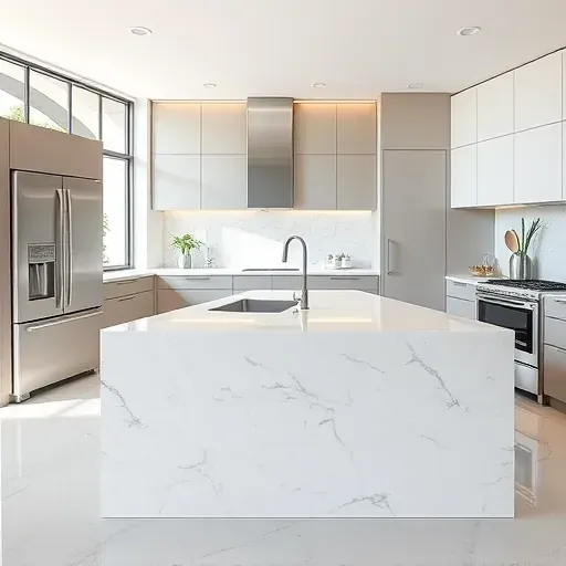 Modern kitchen with white marble island, stainless steel appliances, minimalist cabinetry, and natural light in Coral Springs