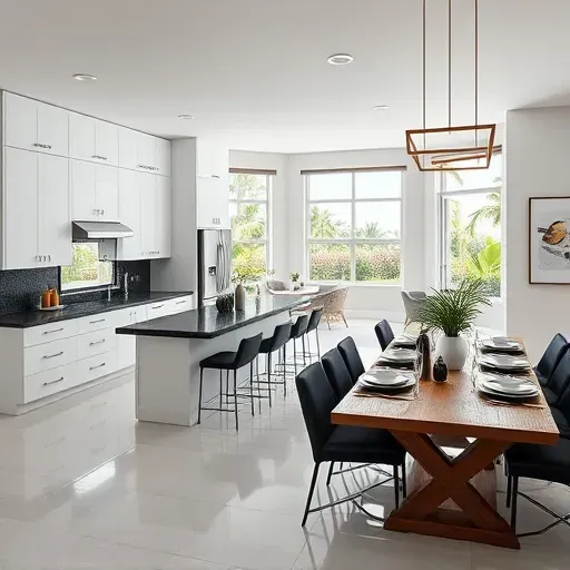 Modern remodeled kitchen in Doral FL with white cabinetry, dark granite, stainless steel appliances, and natural light.