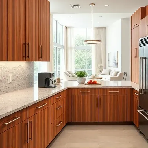 Newly installed modern custom kitchen cabinets in Coral Springs FL with warm wood finish stainless steel handles and granite countertop