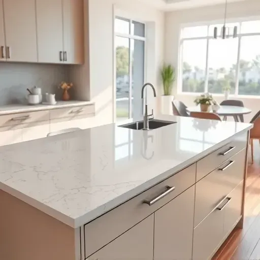 Freshly installed polished quartz kitchen countertop in Coral Springs FL with sleek cabinetry and bright natural light