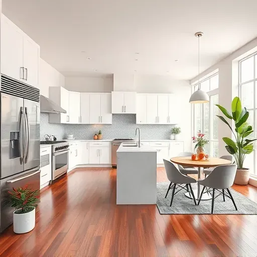 Modern Lauderhill kitchen remodel featuring white cabinetry, quartz countertops, hardwood floors, and stylish decor.