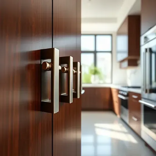 Freshly installed brushed nickel cabinet handles on espresso wooden doors in a modern Coral Springs kitchen with bright natural light