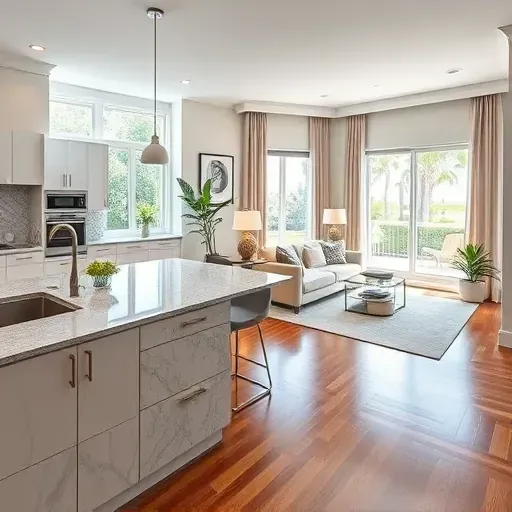 Remodeled Delray Beach living space features a modern kitchen, cozy living room, and tropical views through large windows.