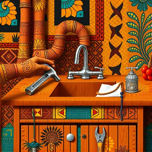 A vibrant, intricate scene in the style of Traditional African Art depicting the installation of a kitchen sink. The wooden countertop is richly decorated with geometric patterns and bold motifs inspired by African textiles, featuring warm earthy tones such as burnt orange, deep browns, ochre yellows, and accents of vibrant turquoise. Stylized, oversized tools like wrenches, hammers, and pliers, embellished with tribal patterns, sit on the countertop, symbolizing craftsmanship and tradition. Abstract, patterned hands with swirling motifs reach out to connect plumbing components, including zigzag-designed pipes and a faucet with swirling decorations, highlighting the assembly process with a playful and whimsical touch. The background showcases a lush African fabric draped behind the scene, adding cultural depth, while natural motifs like leaves, rivers, and animals subtly intertwine with the technical elements, representing harmony between nature and craftsmanship. The overall scene is lively and celebratory, emphasizing artistry and tradition in modern plumbing, with exaggerated proportions, detailed patterns, and decorative accents like beads, feathers, and stylized animals enhancing the cultural storytelling and visual charm. The textured appearance with bold lines and intricate designs captures the essence of Traditional African Art, making this a captivating blog cover image that blends utility with cultural richness.