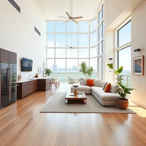 Modern Miami Beach interior with open layout, natural light, elegant furnishings, and skyline view. Serene atmosphere.