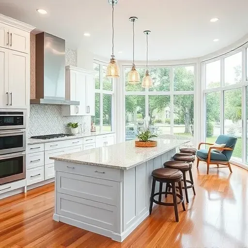 Modern kitchen remodel in Lake Worth, FL features sleek white cabinetry, granite island, and bright natural light.