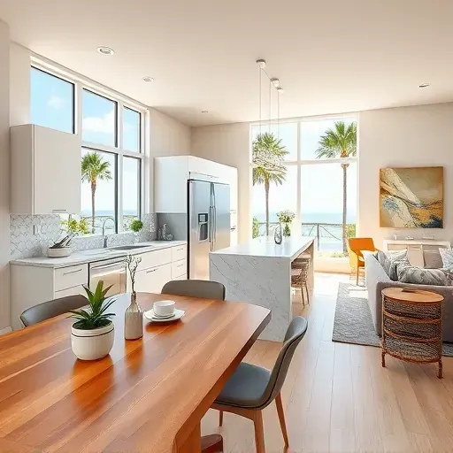 Modern kitchen remodel in Delray Beach with marble countertops, high-end appliances, and sunny decor.