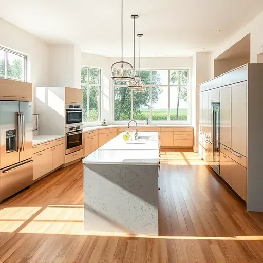 Newly remodeled kitchen in Coral Springs FL with modern appliances, sleek cabinetry, and spacious island illuminated by pendant lights.