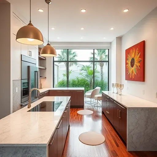 Modern kitchen remodel in Lake Worth FL featuring quartz countertops, stylish lighting, and vibrant artwork in a serene space.