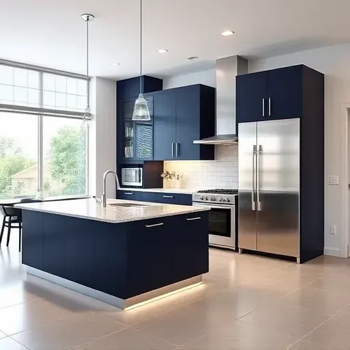 Modern kitchen remodeling in Coral Springs, featuring navy cabinetry, granite island, stainless appliances, and bright natural light.