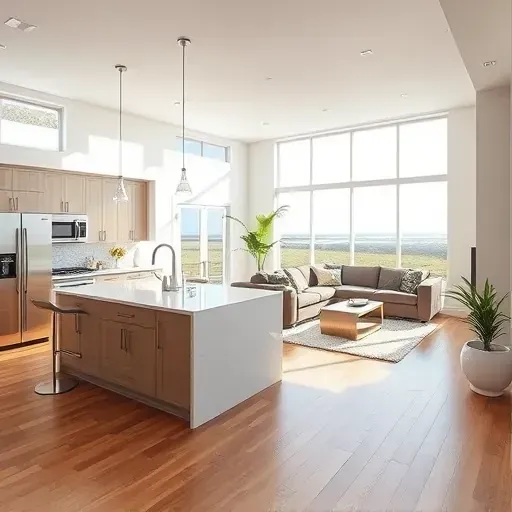 Modern open-concept living space in Boynton Beach features a sleek kitchen and cozy living area with coastal decor.