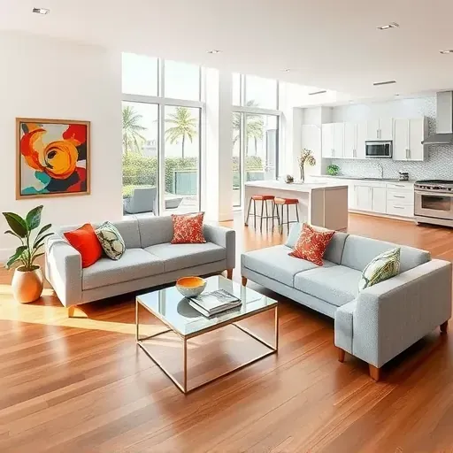 Spacious Miami living room features floor-to-ceiling windows, modern decor, and vibrant art reflecting elegance.