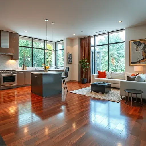 Modern open-concept living area in Weston FL with polished hardwood floors, quartz kitchen counters, and natural light.