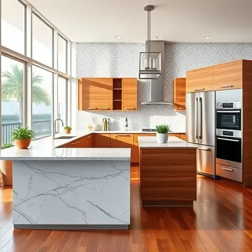 Remodeled Coral Springs kitchen with granite countertops, stainless steel appliances, wooden island, natural sunlight, and polished hardwood floors