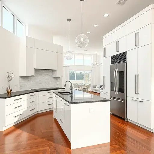 Modern Coral Springs kitchen with white cabinetry, granite island, stainless steel appliances, and bright dining area.