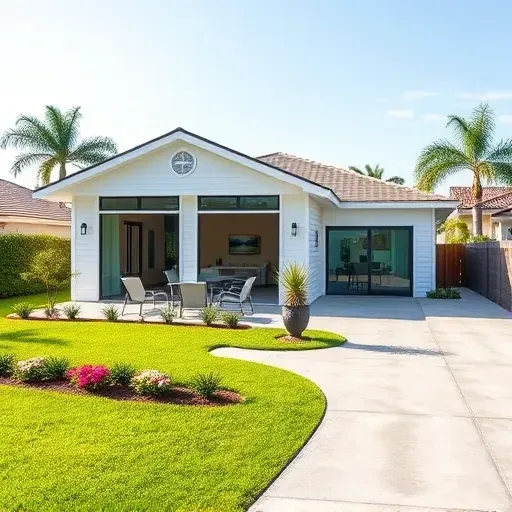 Modern home addition in Coral Springs FL with large windows, landscaped yard, stylish patio, and seamless integration.