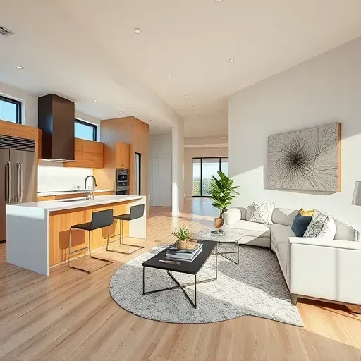 Modern open-concept living space in Pembroke Pines FL with light oak flooring and elegant furnishings showcasing contemporary design.