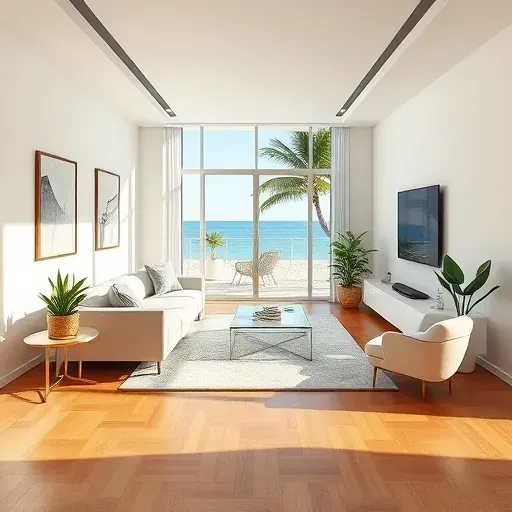 Completed remodeling project in Sunny Isles Beach, showcasing a modern living room with ocean views and elegant decor.