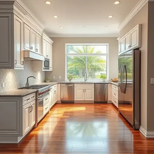 Modern kitchen remodel in Jupiter FL features stainless steel appliances, glossy white cabinetry, and granite countertops.