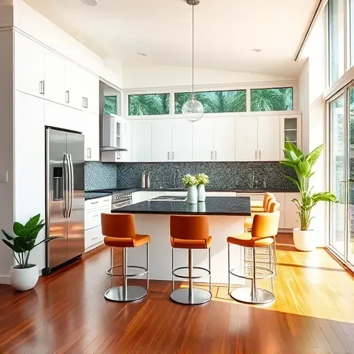 Modern kitchen remodel in Coral Gables FL features white cabinetry, dark granite counters, and stainless steel appliances.