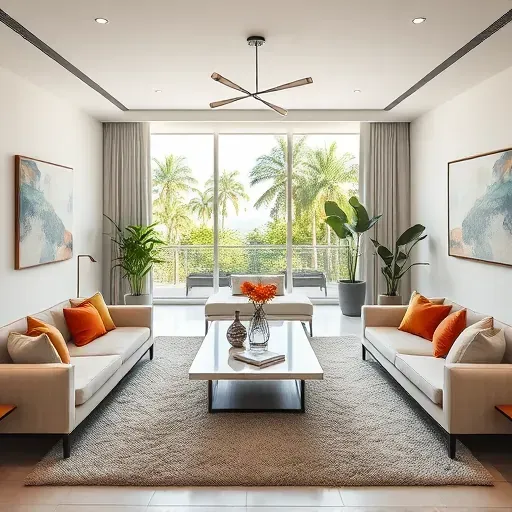 Modern living room remodel in Hallandale Beach, FL featuring sleek furniture, vibrant accents, and natural light.