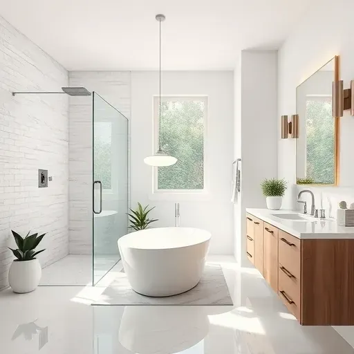 Recently renovated Coral Springs bathroom with modern fixtures, glass shower, freestanding bathtub, marble floors, and natural light