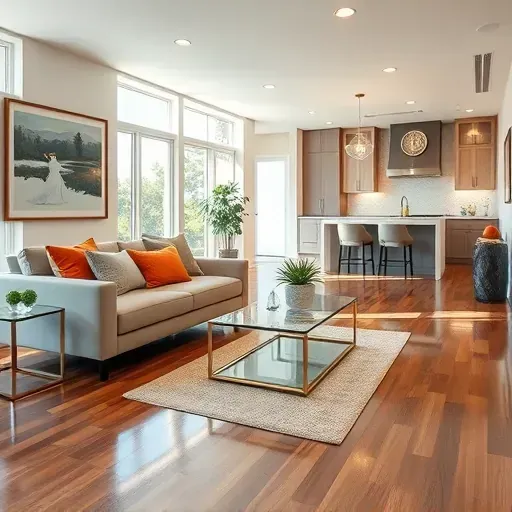 Modern remodeled living room in Palm Beach Gardens with hardwood floors, stylish windows, and contemporary decor.