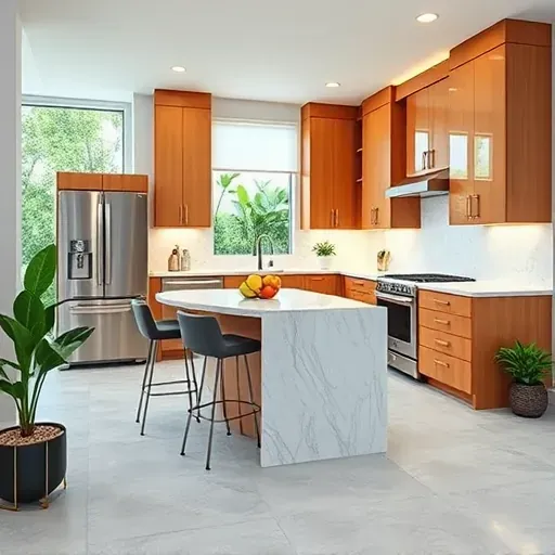 Modern kitchen remodel in Doral FL featuring custom oak cabinetry, white granite countertops, and stainless steel appliances.