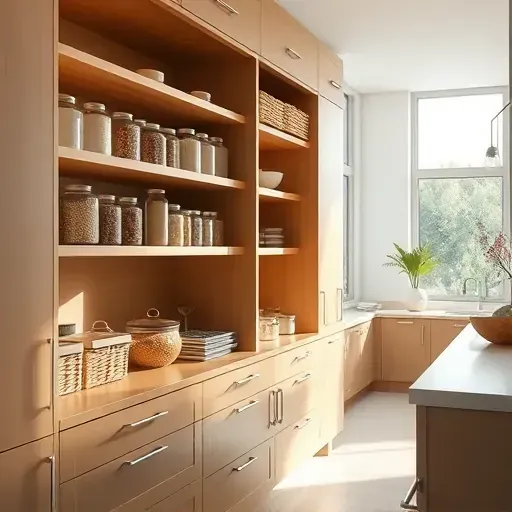 Custom sleek wooden pantry with organized jars, wicker baskets, matte cabinets, and natural light in a modern Coral Springs kitchen