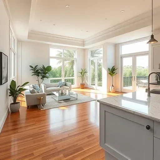 Spacious Delray Beach living area features natural light, hardwood floors, modern kitchen, and elegant decor elements.