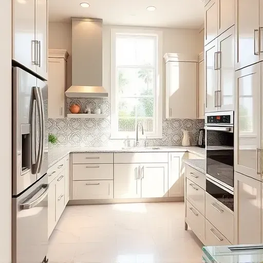 Renovated kitchen in Coral Springs FL with glossy modern cabinets, granite countertops, stainless appliances, and stylish backsplash