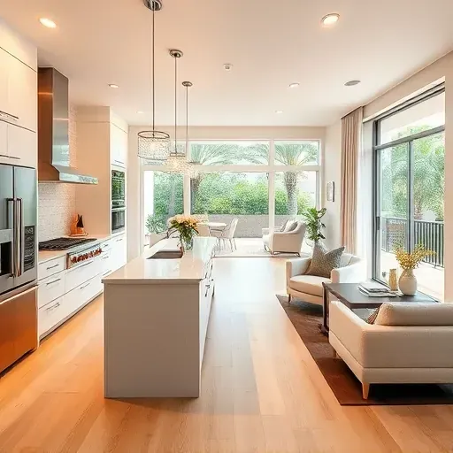 Modern kitchen remodel in Pompano Beach with quartz countertops, stainless steel appliances, and open living area.