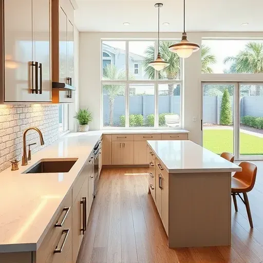 Modern renovated kitchen in Coral Springs with sleek cabinets quartz countertops stylish backsplash pendant lighting island natural light lush backyard scene